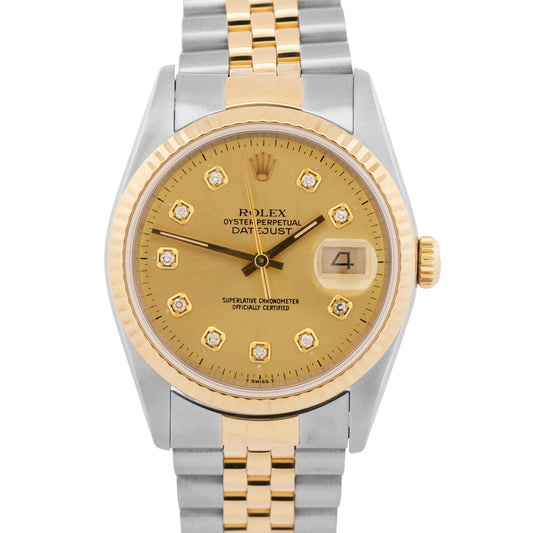 1991 Rolex DateJust 16233 36mm Champagne Diamond Two-Tone 18K Gold Jubilee Watch