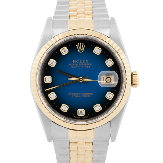Rolex DateJust 36mm FACTORY BLUE VIGNETTE DIAMOND 18K Gold Steel JUBILEE 16233