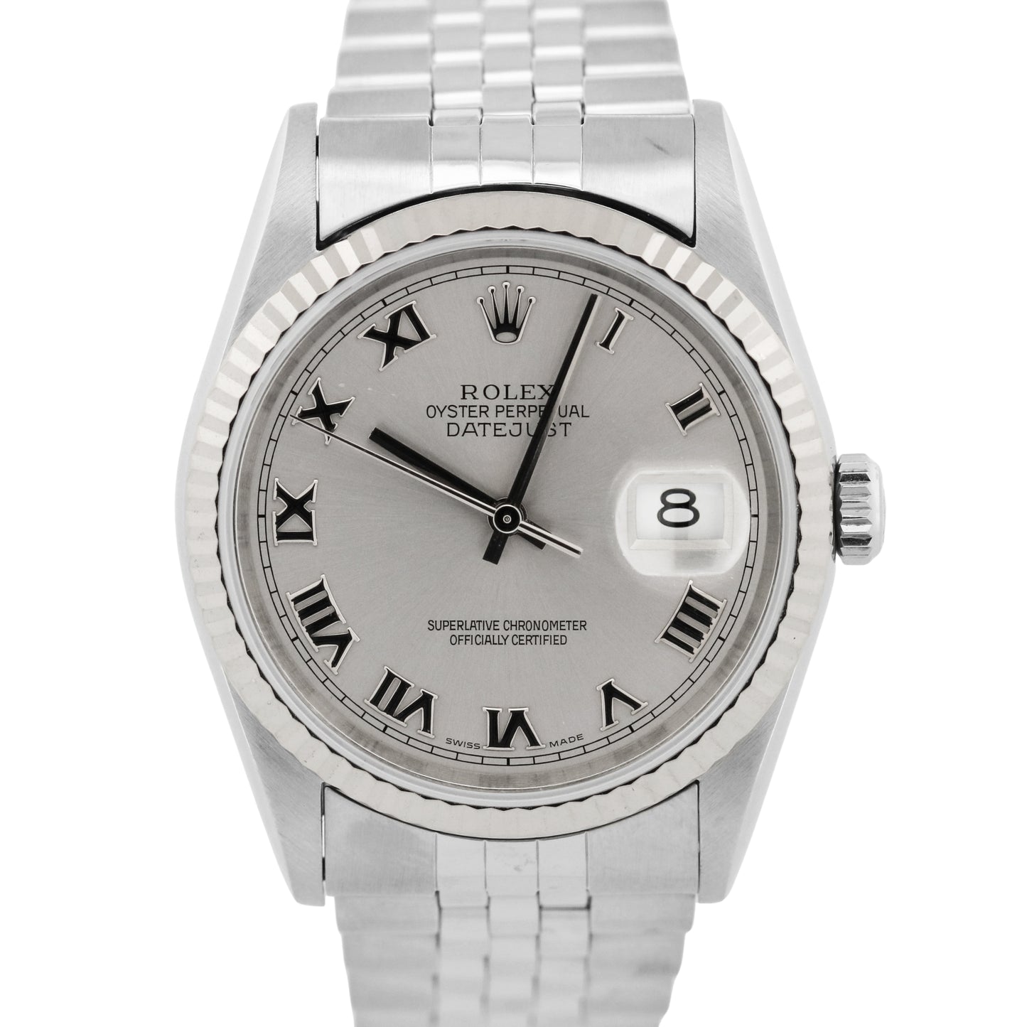 Rolex DateJust SILVER ROMAN Stainless Steel 18K Gold NO-HOLES 36mm 16234 Watch