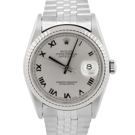 Rolex DateJust SILVER ROMAN Stainless Steel 18K Gold NO-HOLES 36mm 16234 Watch