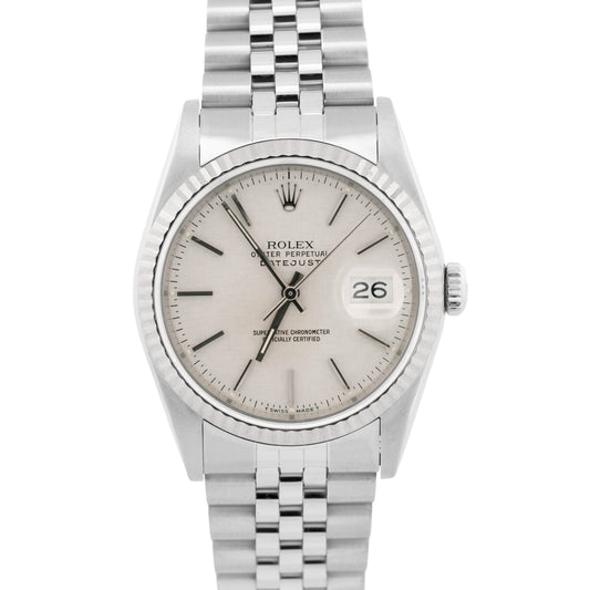 Rolex DateJust SILVER LINEN 36mm Stainless Steel 18K White Gold JUBILEE 16234