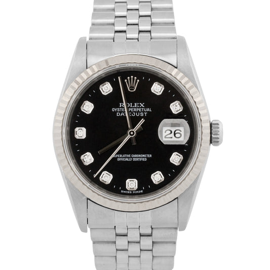 1996 Rolex DateJust 16234 36mm Black Diamond Steel Jubilee 18K Gold Watch