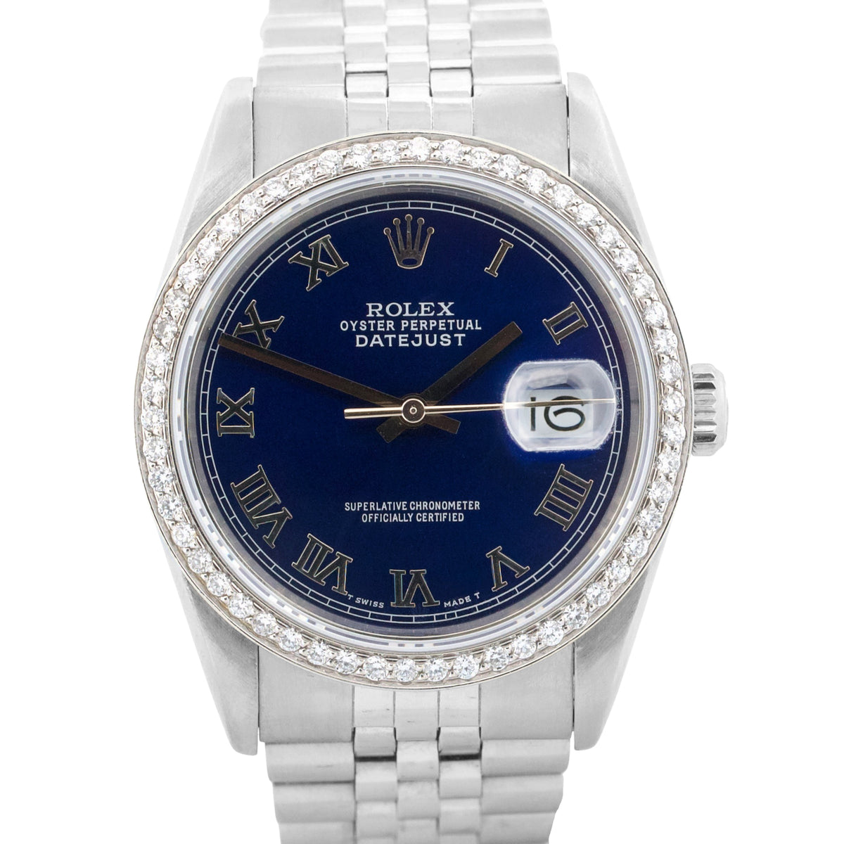 1990 Rolex DateJust 16234 36mm Blue Roman Diamond Steel Automatic Jubilee Watch