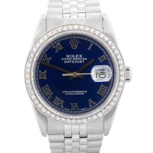 1990 Rolex DateJust 16234 36mm Blue Roman Diamond Steel Automatic Jubilee Watch