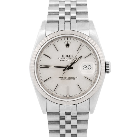 Rolex DateJust SILVER LINEN 36mm Stainless Steel 18K White Gold JUBILEE 16234