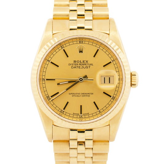 2021 RSC PAPERS Rolex DateJust 36mm CHAMPAGNE 18K Yellow Gold JUBILEE 16238 BOX