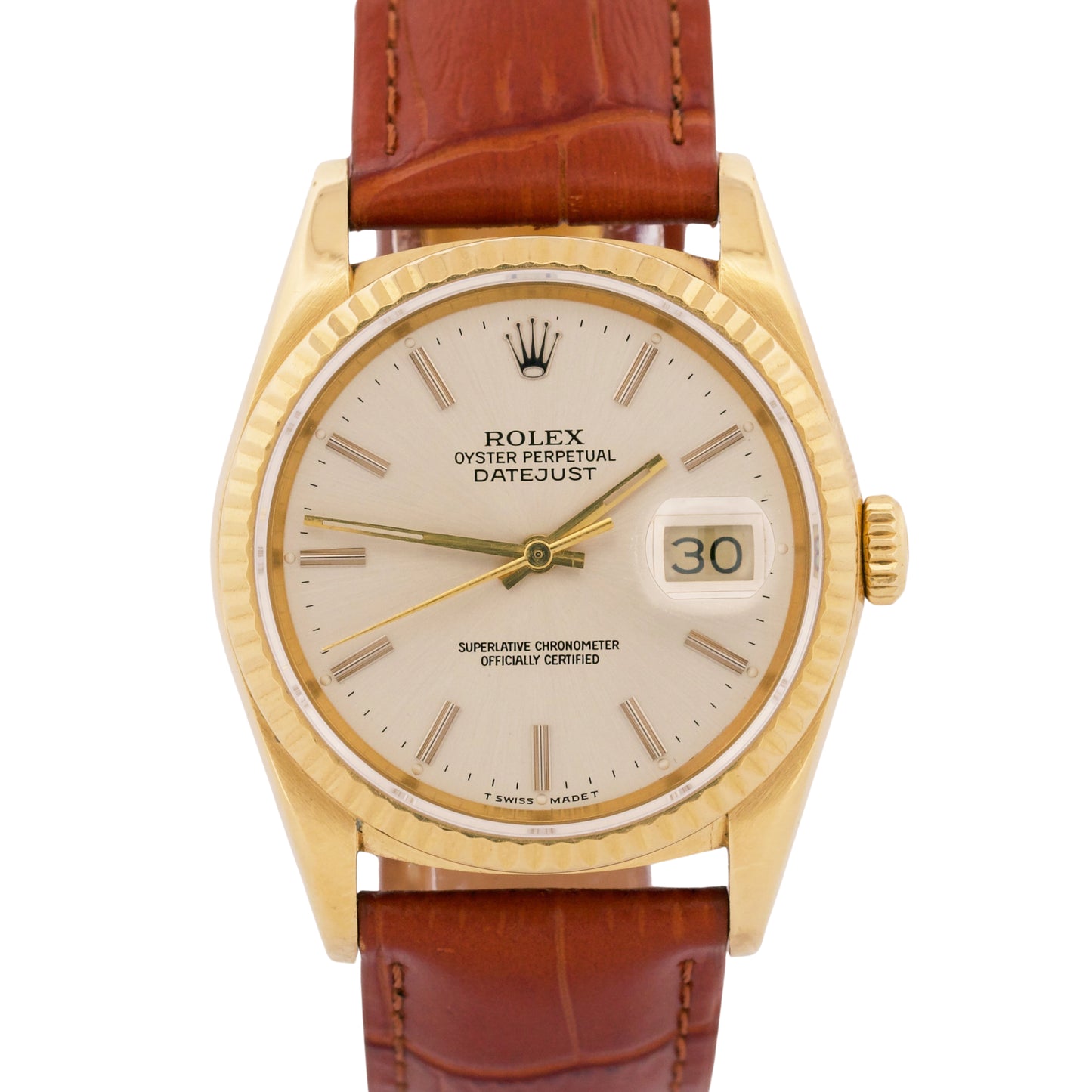 1989 Rolex DateJust 36mm SILVER 18K Yellow Gold Brown Leather Fluted 16238 Watch