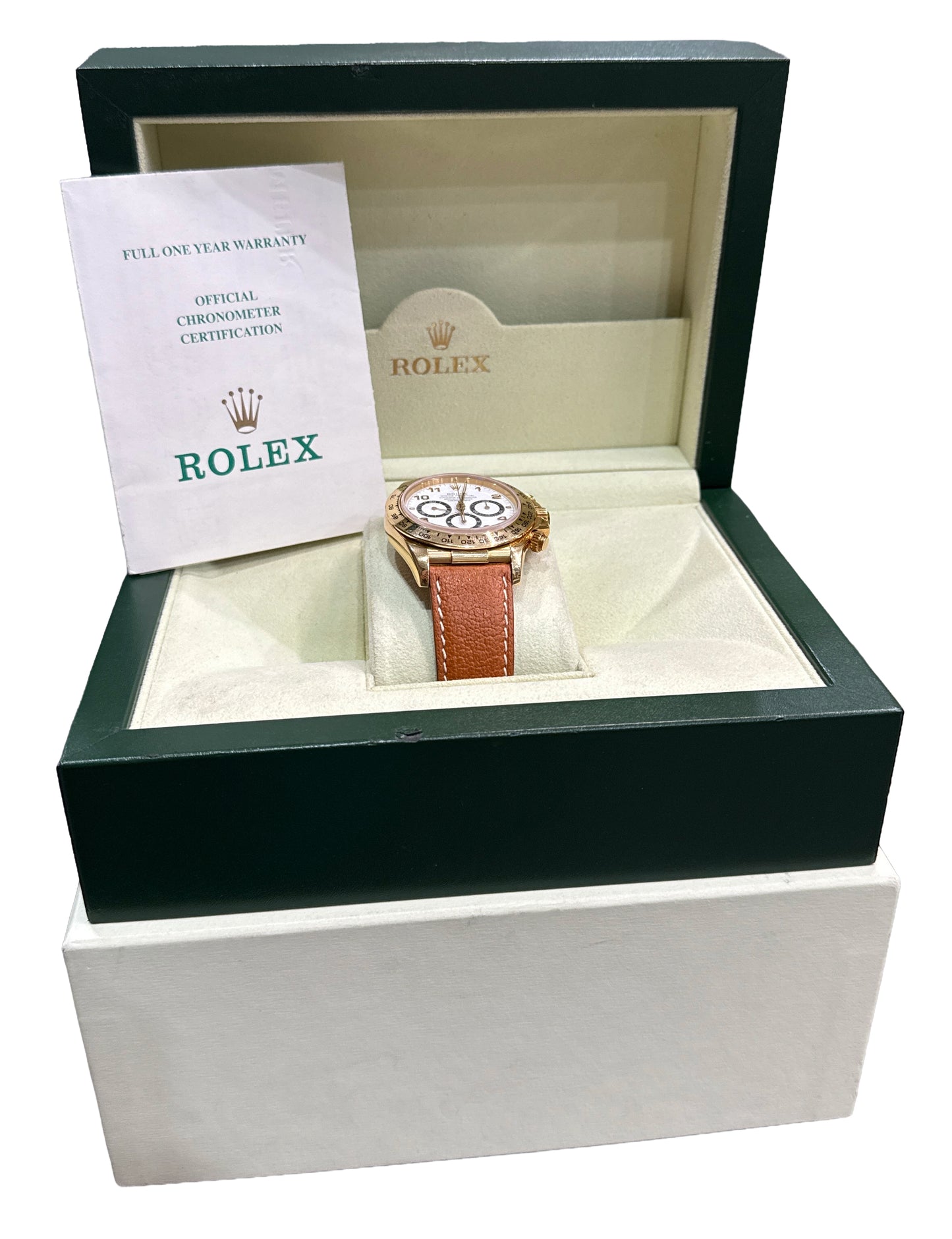 1996 PAPERS Rolex Daytona Cosmograph WHITE 18K Yellow Gold Leather 16518 BOX