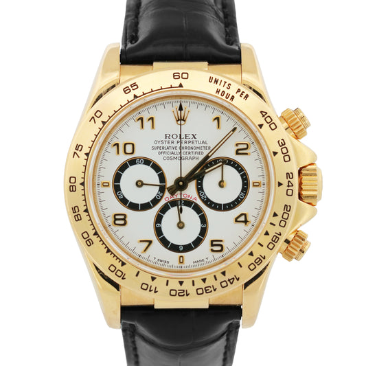 Rolex Daytona Cosmograph WHITE ARABIC 18K Yellow Gold Black Leather 16518 Watch