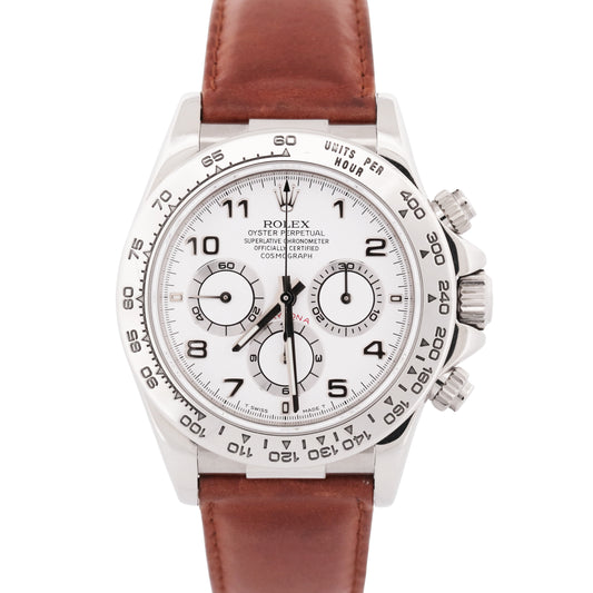 1997 PAPERS Rolex Daytona WHITE ARABIC 18K Gold Brown Leather 40mm 16519 BOX