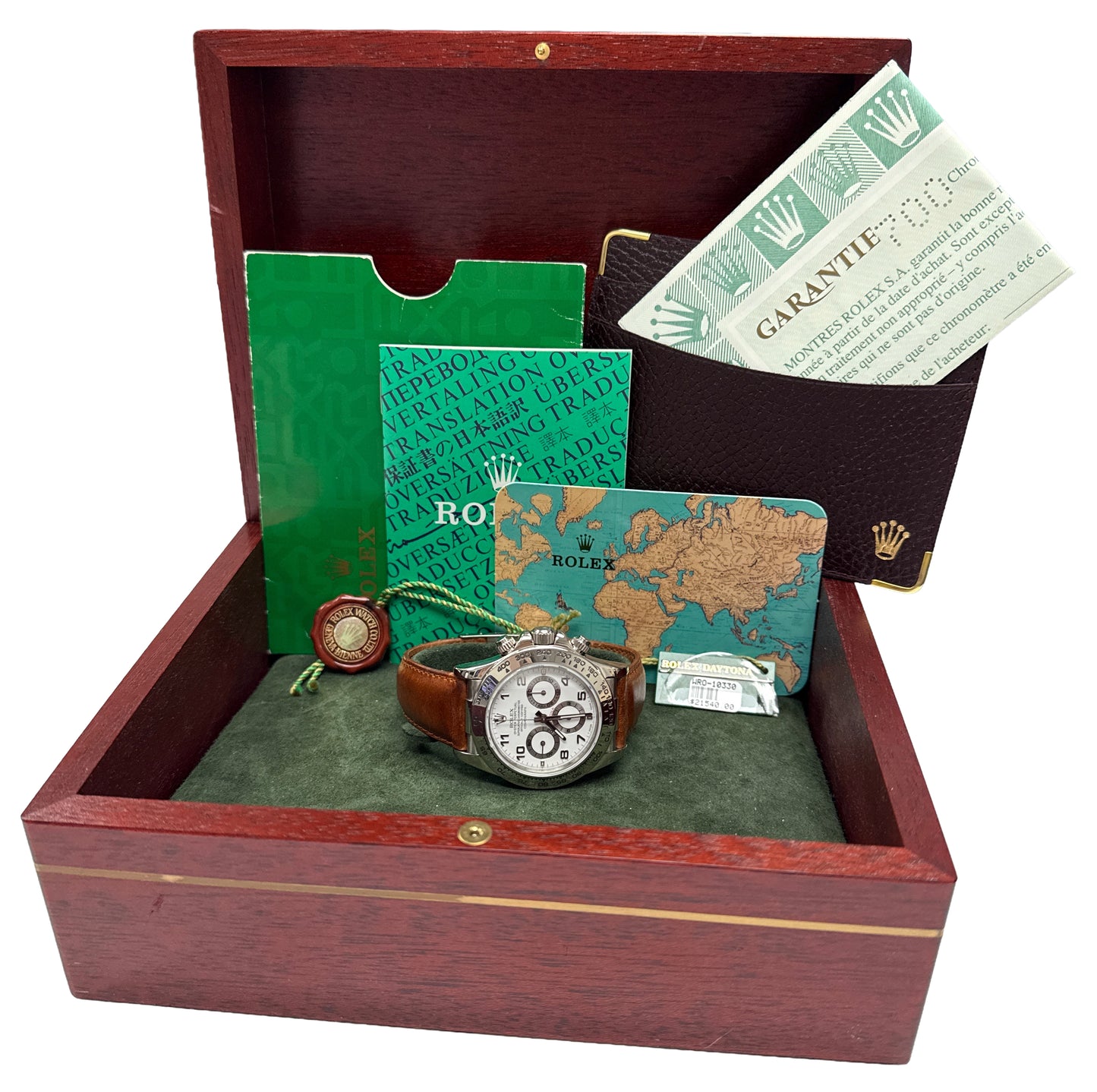 1997 PAPERS Rolex Daytona WHITE ARABIC 18K Gold Brown Leather 40mm 16519 BOX