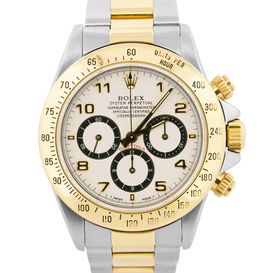 1997 Rolex Daytona Cosmograph WHITE ARABIC 18K Gold Two-Tone Steel Watch 16523