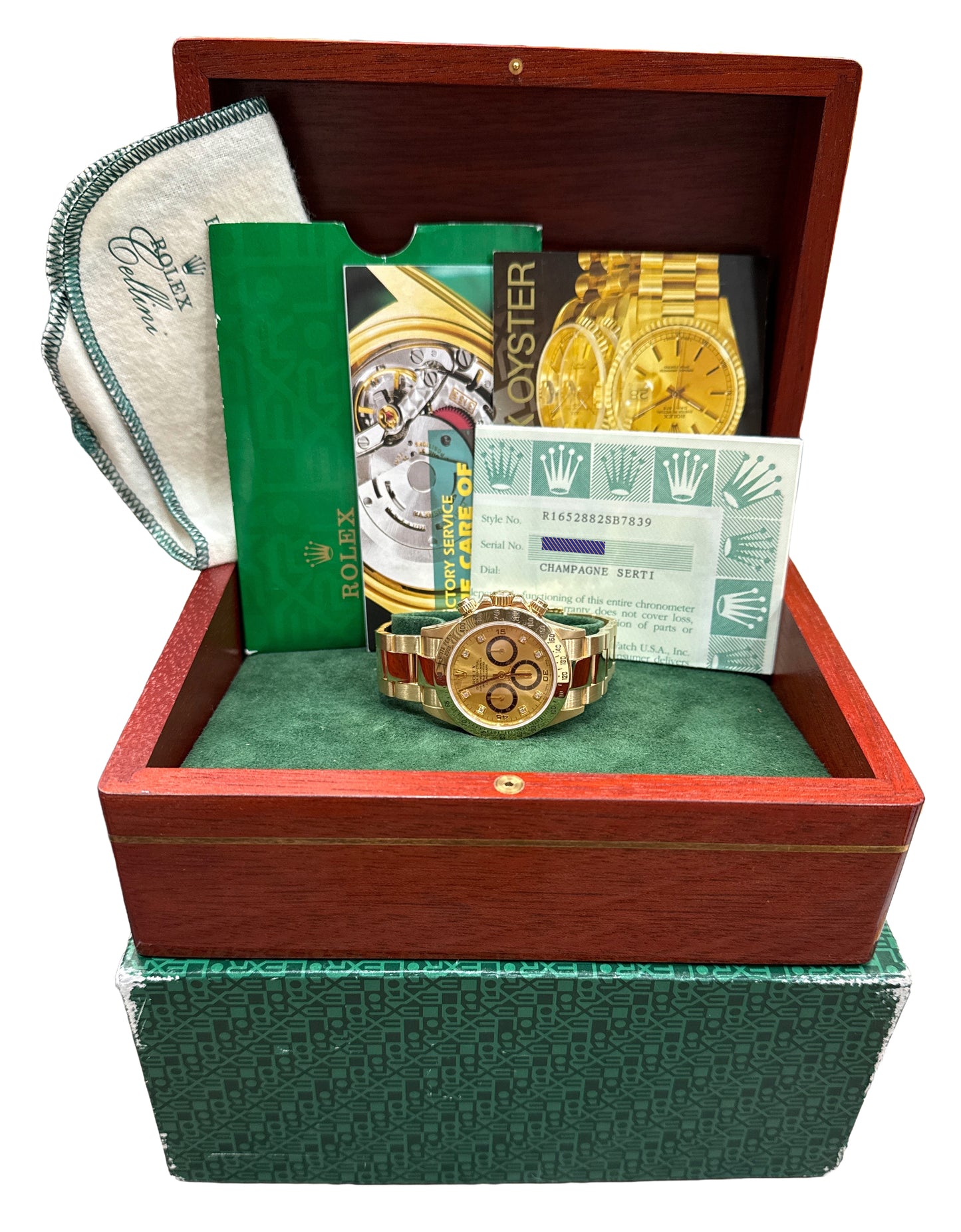 2000 PAPERS Rolex Daytona Cosmograph CHAMPAGNE SERTI DIAMOND 18K 40mm 16528 BOX