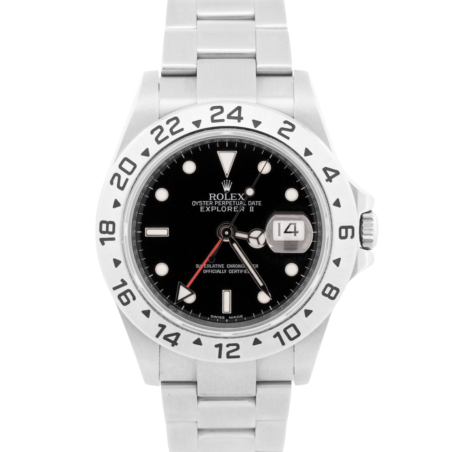 Rolex Explorer II BLACK Stainless Steel Red 40mm Rehaut NO-HOLES 16570 Watch