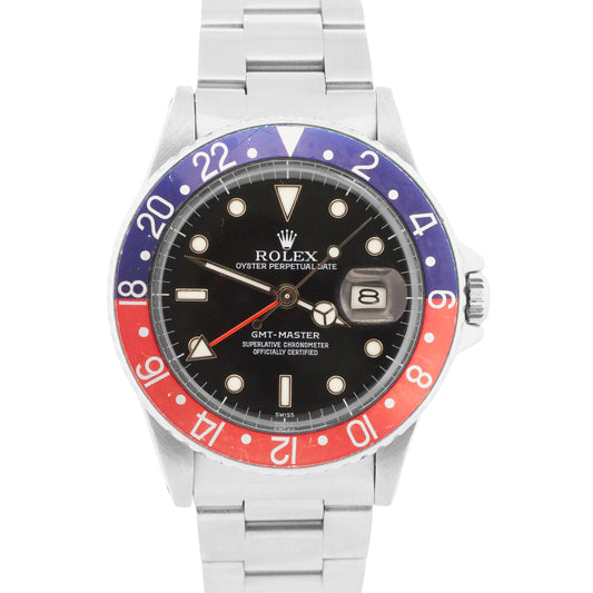 1986 Rolex GMT-Master PEPSI Black Red Blue OYSTER Steel SWISS ONLY 40mm 16750