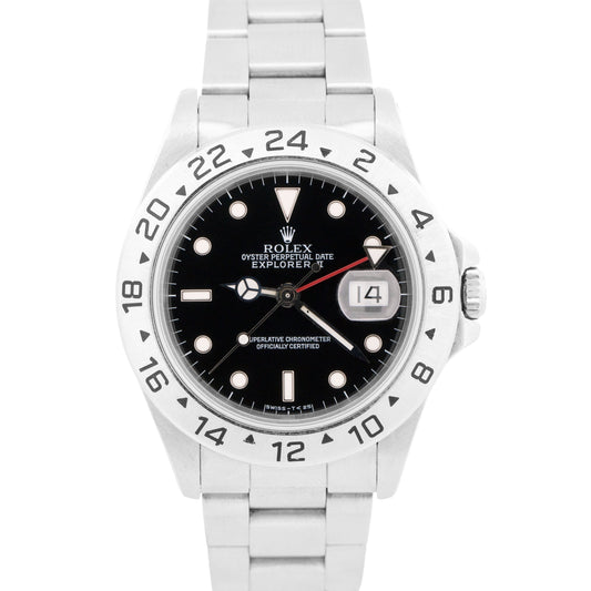Rolex Explorer II 40mm BLACK Red Stainless Steel Oyster Date GMT Watch 16570