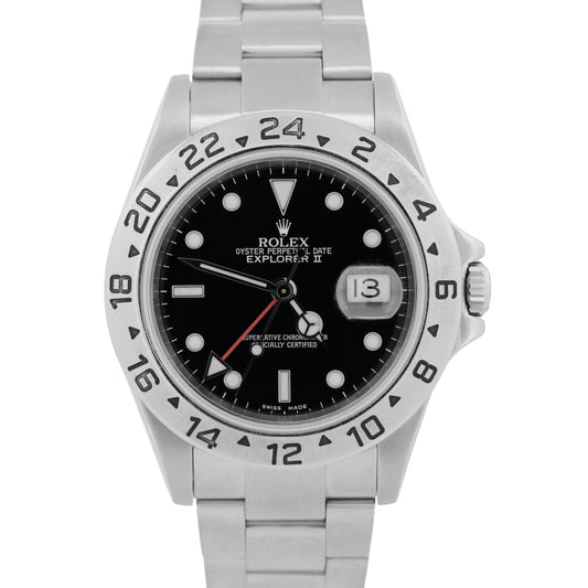 PAPERS Rolex Explorer II 40mm BLACK Steel NO-HOLES Red GMT Watch 16570 BOX