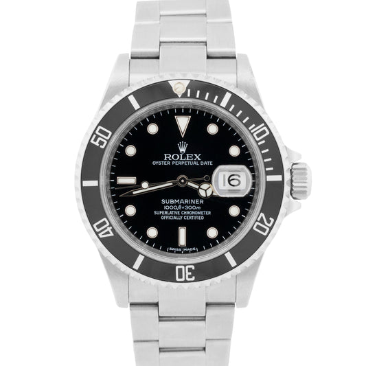 Rolex Submariner Date BLACK Stainless Steel REHAUT No-Holes 40mm Watch 16610