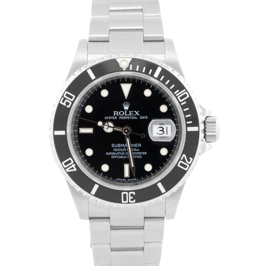Rolex Submariner Date BLACK Stainless Steel REHAUT No-Holes 40mm Watch 16610