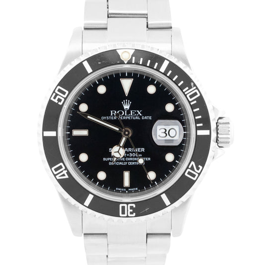 Rolex Submariner Date BLACK Stainless Steel NO-HOLES 40mm Automatic Watch 16610
