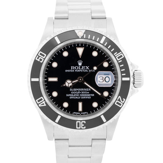 MINT Rolex Submariner Date Black Steel REHAUT 40mm Oyster NO-HOLES 16610 Watch