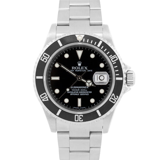 Rolex Submariner Date 16610 Black No-Holes Stainless Steel 40mm Oyster Watch