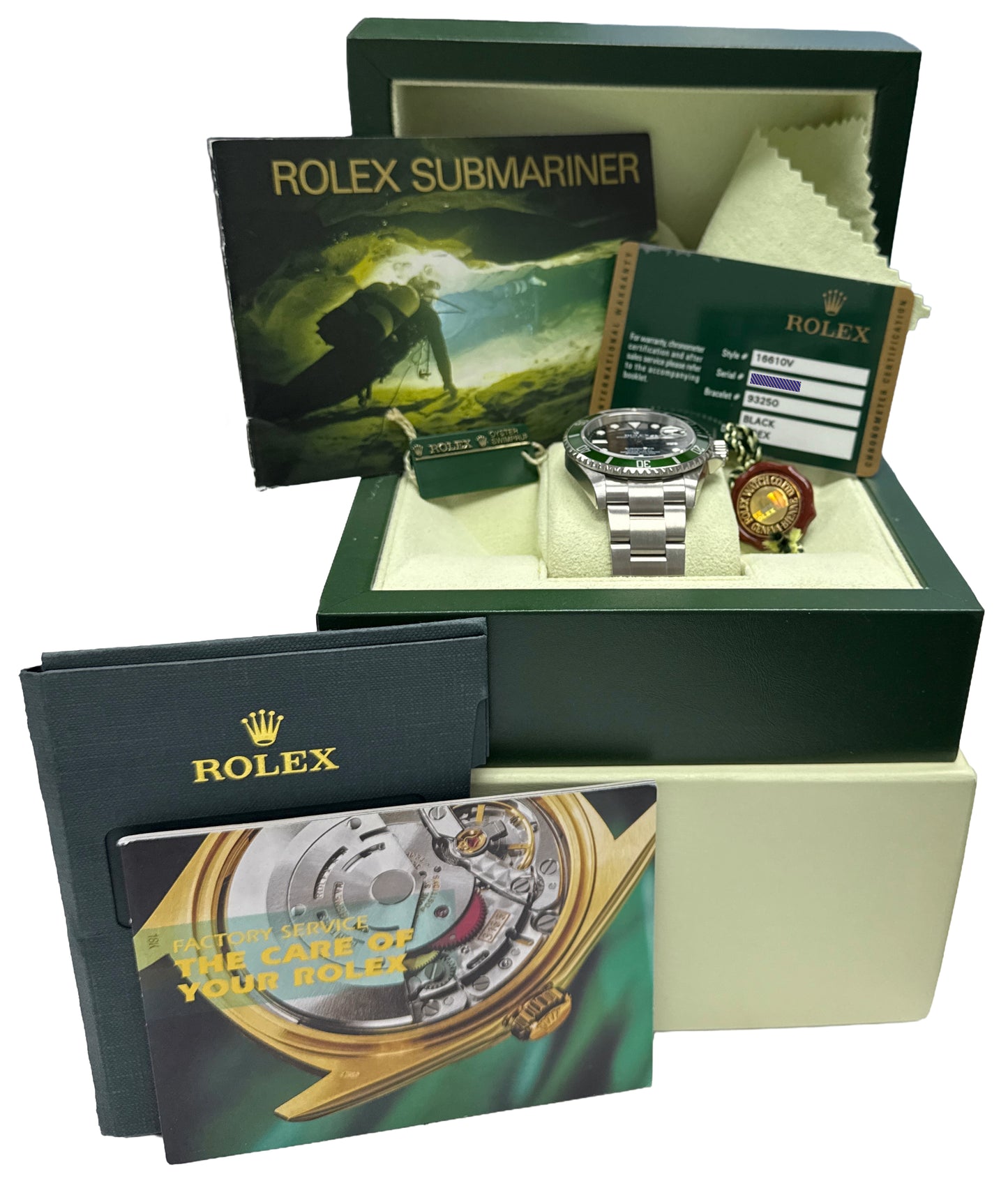 NOS STICKERED PAPERS Rolex Submariner 40mm KERMIT Green NO-HOLES 16610 V BOX