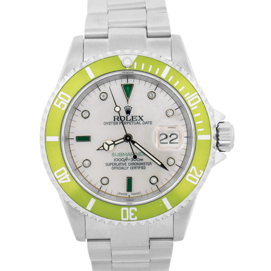 Rolex Submariner Date MOP DIAMOND EMERALD Green Stainless Steel 40mm 16610 Watch
