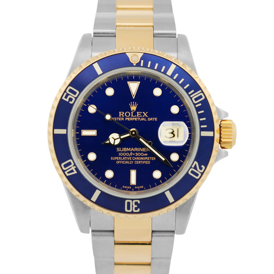 MINT Rolex Submariner Date 40mm BLUE 18K GOLD BUCKLE Stainless Steel 16613 Watch