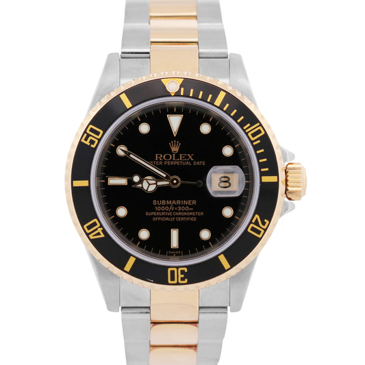 Rolex Submariner Date 40mm BLACK NO-HOLES Stainless 18K GOLD BUCKLE 16613 BOX