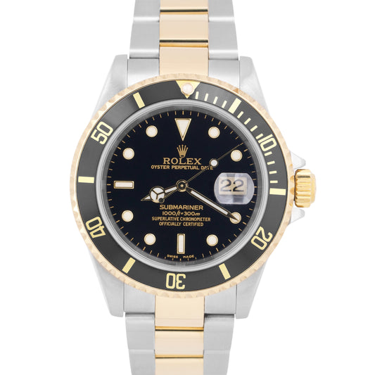 PAPERS Rolex Submariner Date 40mm BLACK 18K Yellow Gold NO-HOLES Steel 16613 BOX