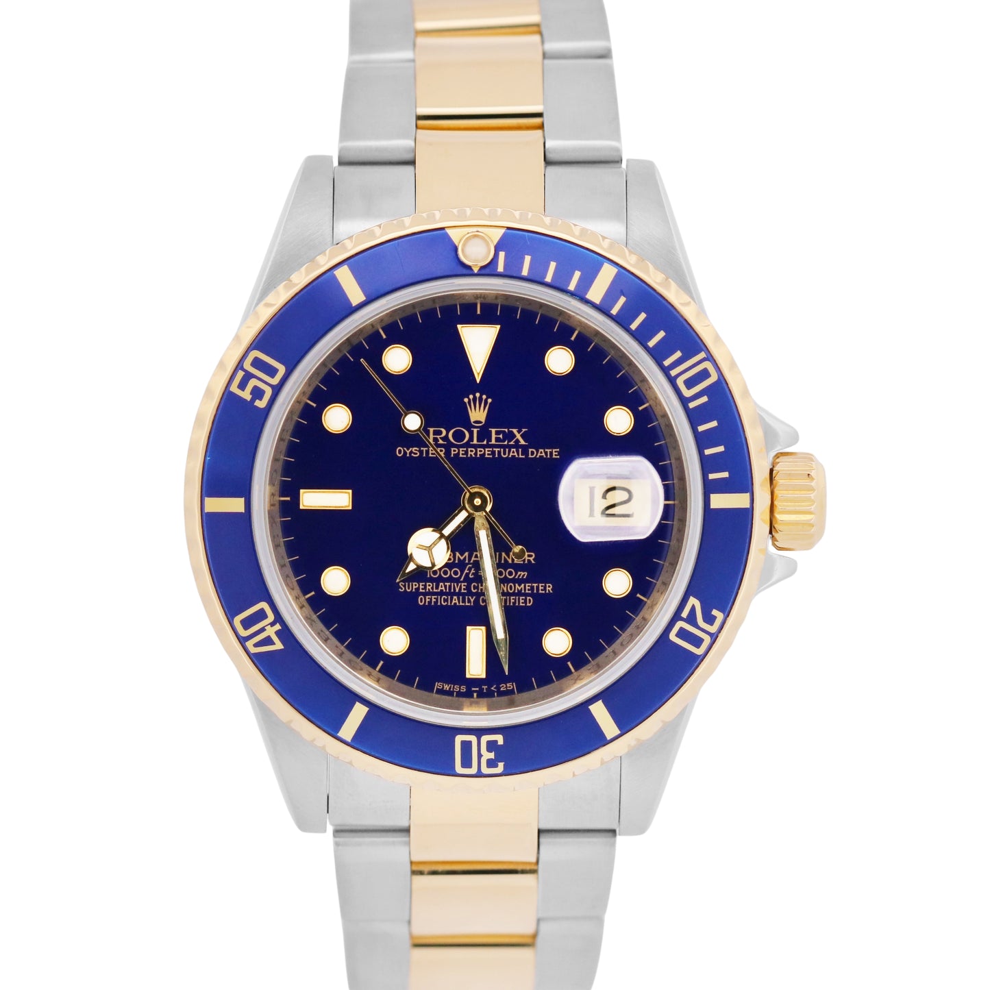 Rolex Submariner Date 40mm BLUE No-Holes REHAUT Steel 18K Yellow Gold 16613