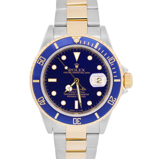 Rolex Submariner Date 40mm BLUE No-Holes REHAUT Steel 18K Yellow Gold 16613