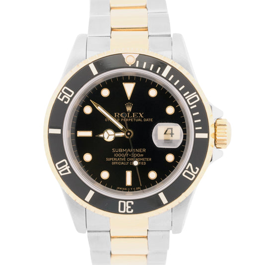 Rolex Submariner Date 40mm BLACK 18K Yellow Gold Stainless Steel 16613 Watch