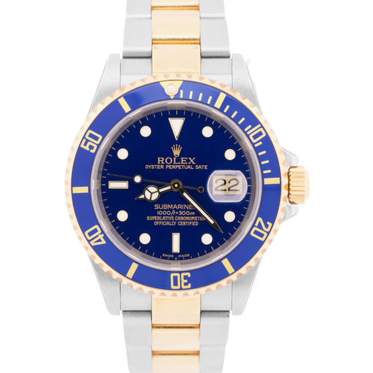 UNPOLISHED PAPERS Rolex Submariner 40mm BLUE 18K Steel GOLD BUCKLE 16613 BOX