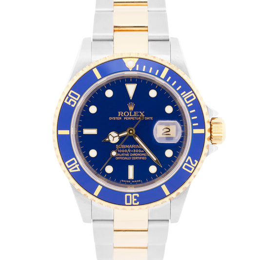 2009 PAPERS Rolex Submariner Date 40mm BLUE 18K Steel No-Holes REHAUT 16613 BOX