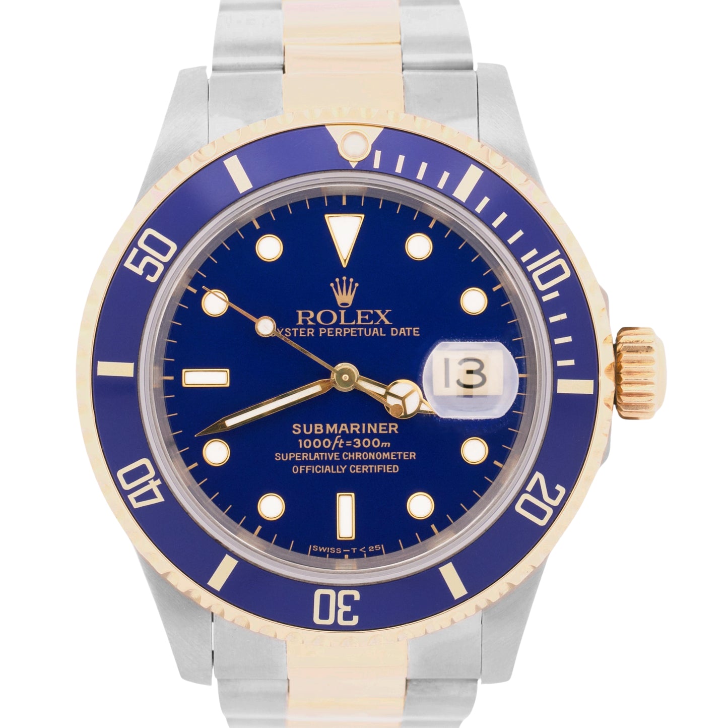 MINT Rolex Submariner Date 40mm BLUE 18K Yellow Gold Stainless Steel 16613 Watch