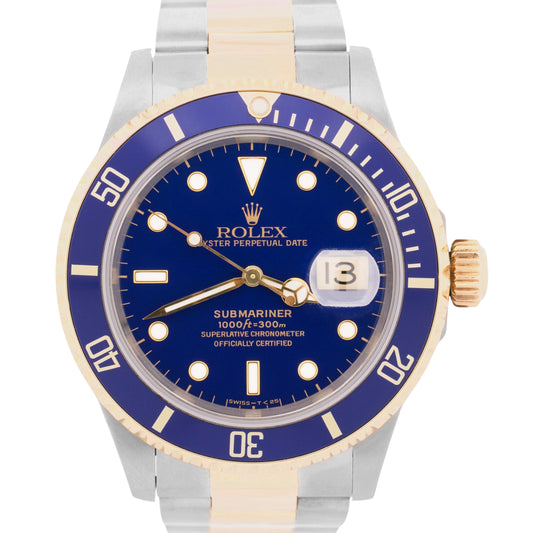 MINT Rolex Submariner Date 40mm BLUE 18K Yellow Gold Stainless Steel 16613 Watch