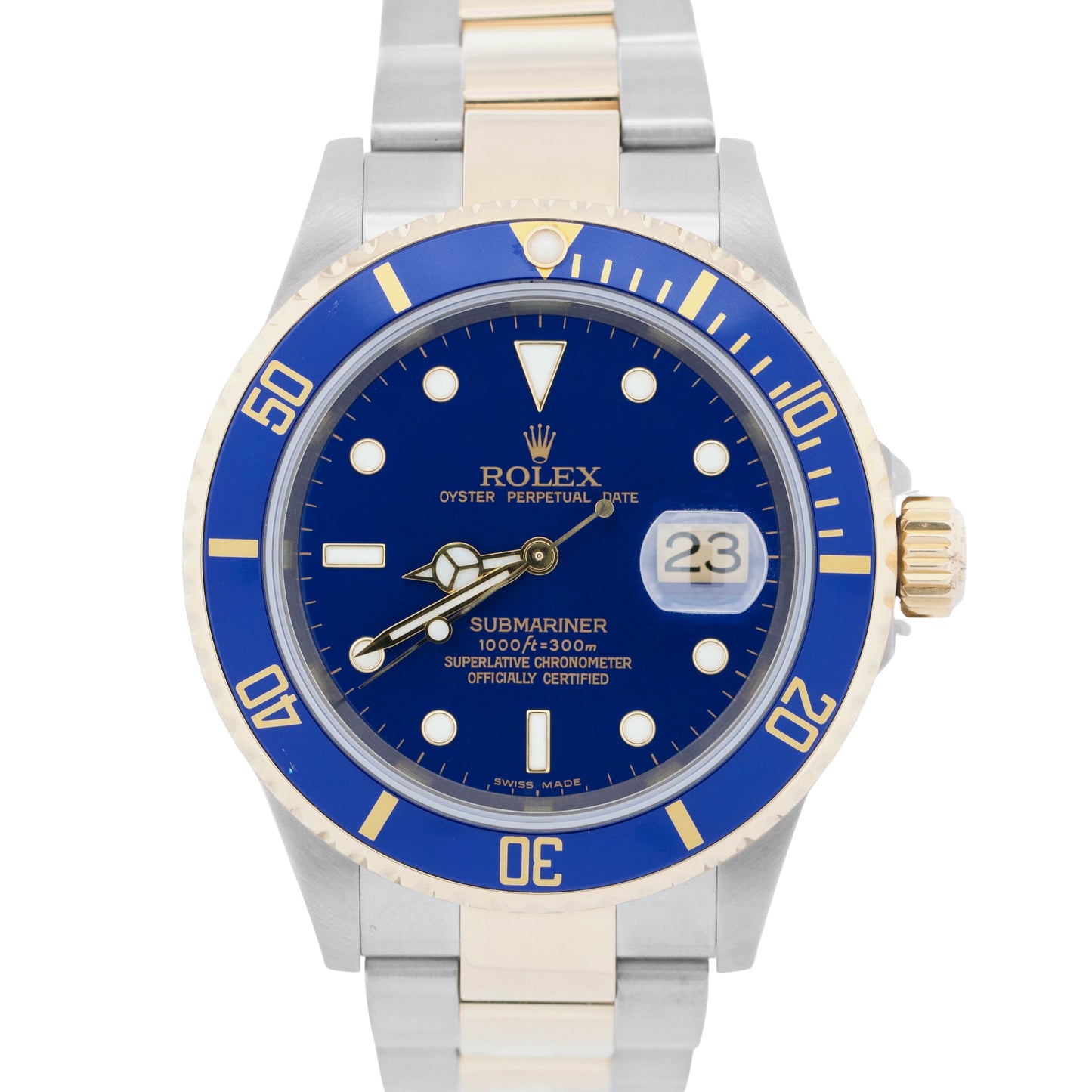 Rolex Submariner Date 40mm BLUE 18K Gold No-Holes Steel GOLD BUCKLE 16613 Watch