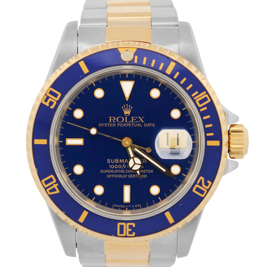 1997 Rolex Submariner Date 40mm BLUE 18K Yellow Gold Stainless Steel 16613 Watch