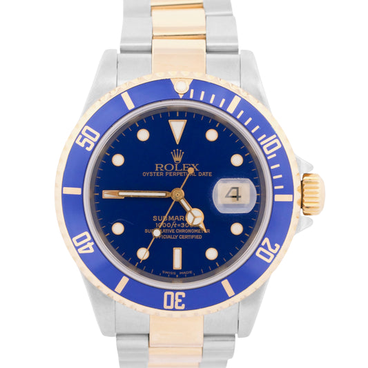PAPERS Rolex Submariner 40mm BLUE 18K Yellow GOLD BUCKLE Stainless 16613 BOX