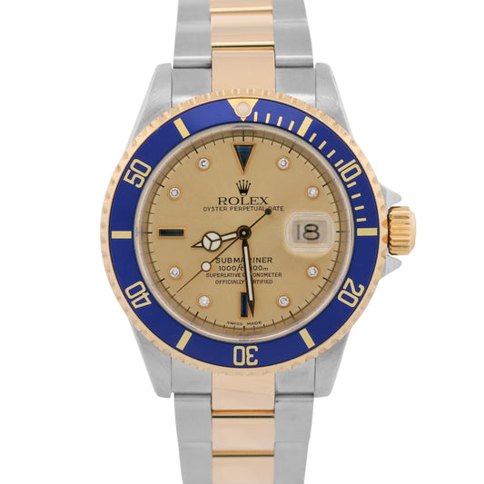 2000 Rolex Submariner Date 16613 Serti Champagne Blue 18K Steel 40mm Box Papers