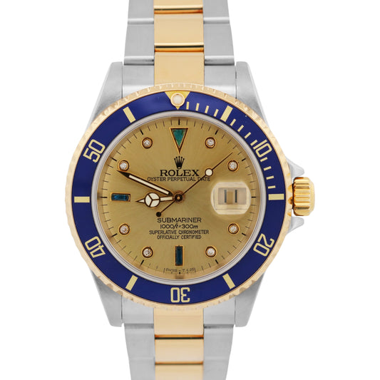 PAPERS Rolex Submariner 40mm SERTI CHAMPAGNE DIAMOND Blue 18K Steel 16613 BOX