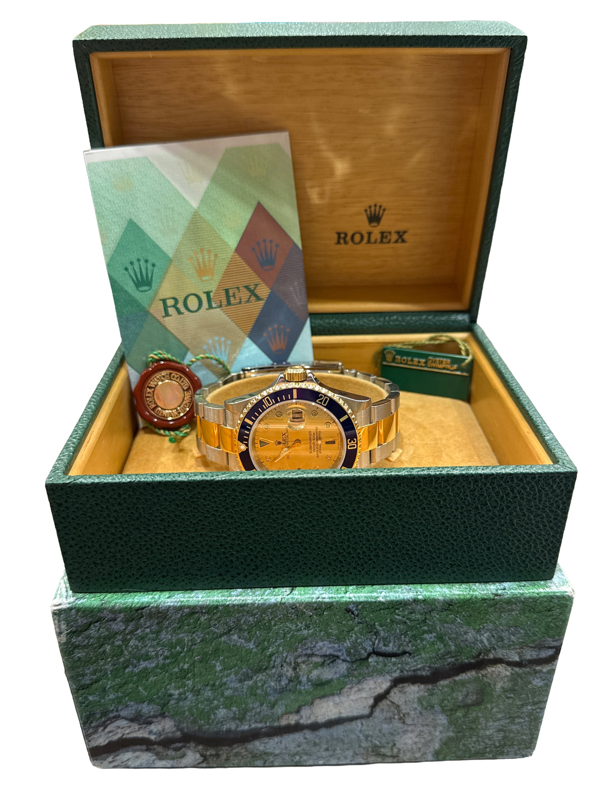 2004 Rolex Submariner Date 16613 Serti Champagne Blue Steel 18K 40mm Box Papers