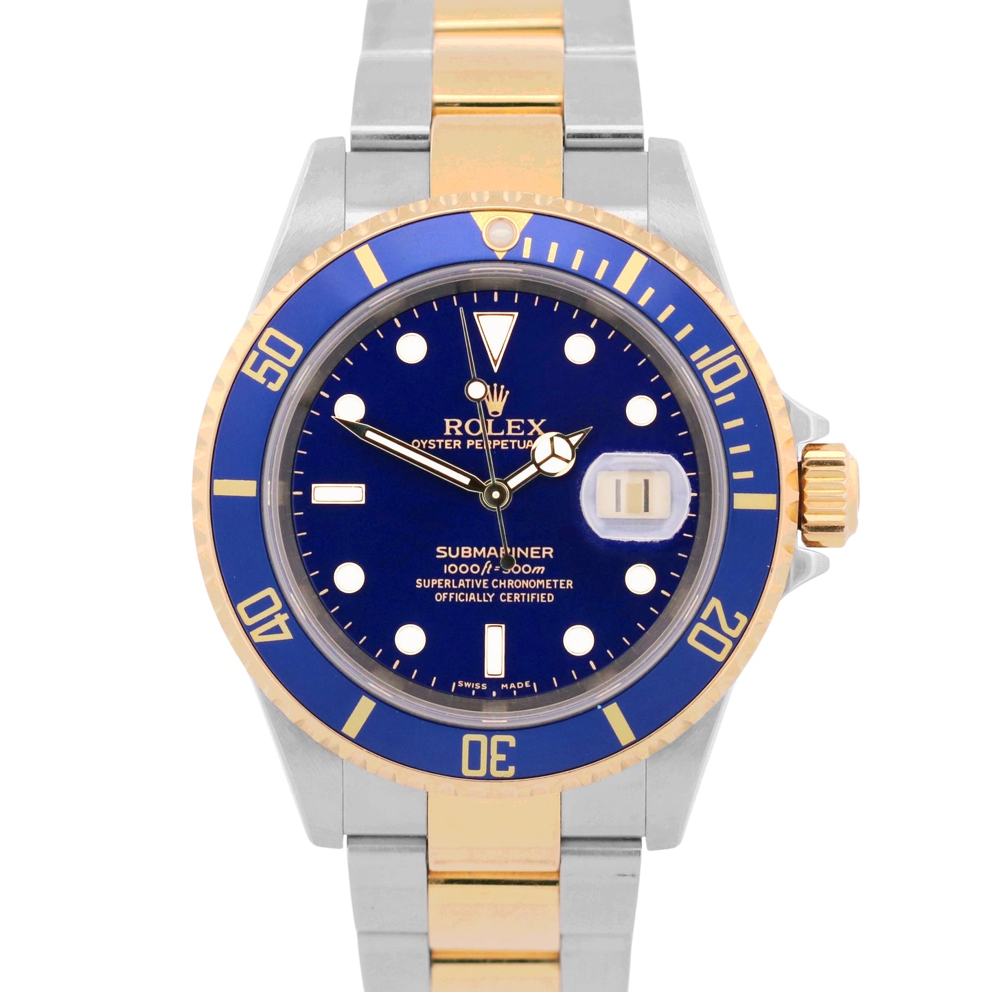 UNPOLISHED 2006 PAPERS Rolex Submariner Date BLUE Two-Tone 18K 40mm 16613 BOX