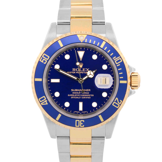 UNPOLISHED 2006 PAPERS Rolex Submariner Date BLUE Two-Tone 18K 40mm 16613 BOX