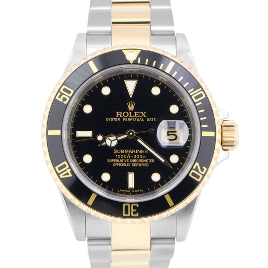 PAPERS Rolex Submariner Date 40mm BLACK 18K Gold NO-HOLES Steel REHAUT 16613 BOX