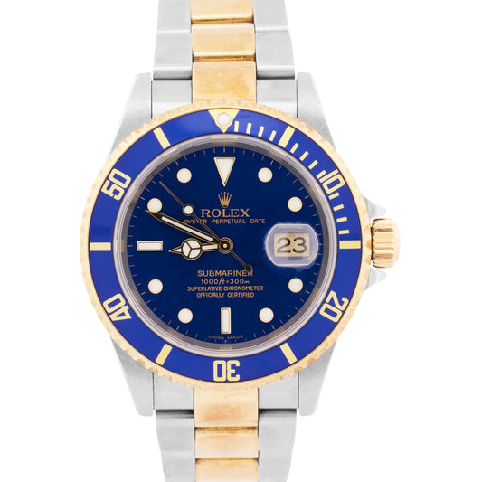 UNPOLISHED Rolex Submariner Date 40mm BLUE 18K Yellow Gold NO-HOLES Steel 16613