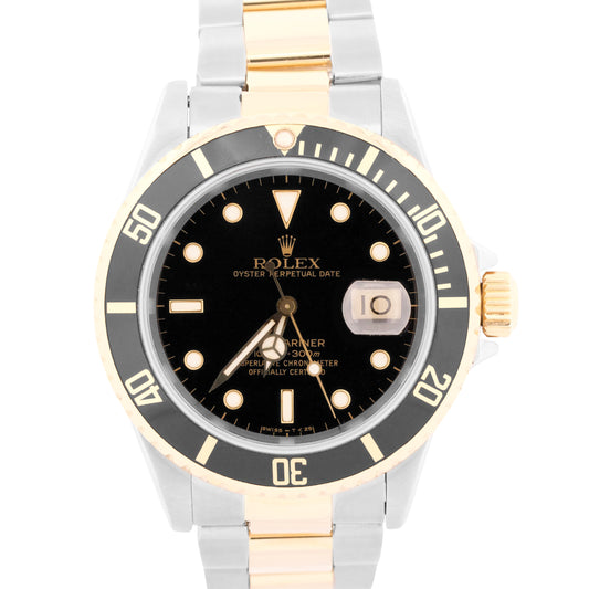 1990 PAPERS Rolex Submariner Date 40mm BLACK 18K Yellow Gold Steel 16613 BOX