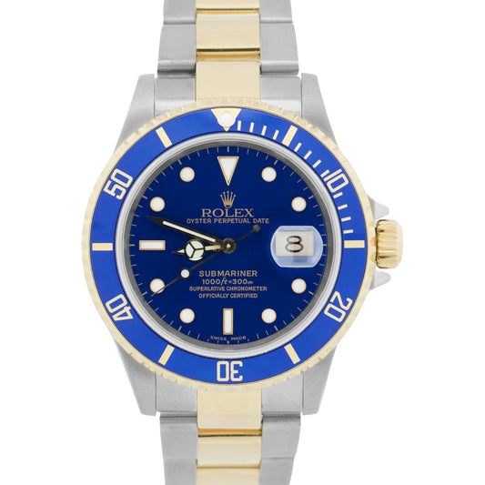 PAPERS Rolex Submariner Date 40mm BLUE 18K Steel GOLD BUCKLE Watch 16613 BOX